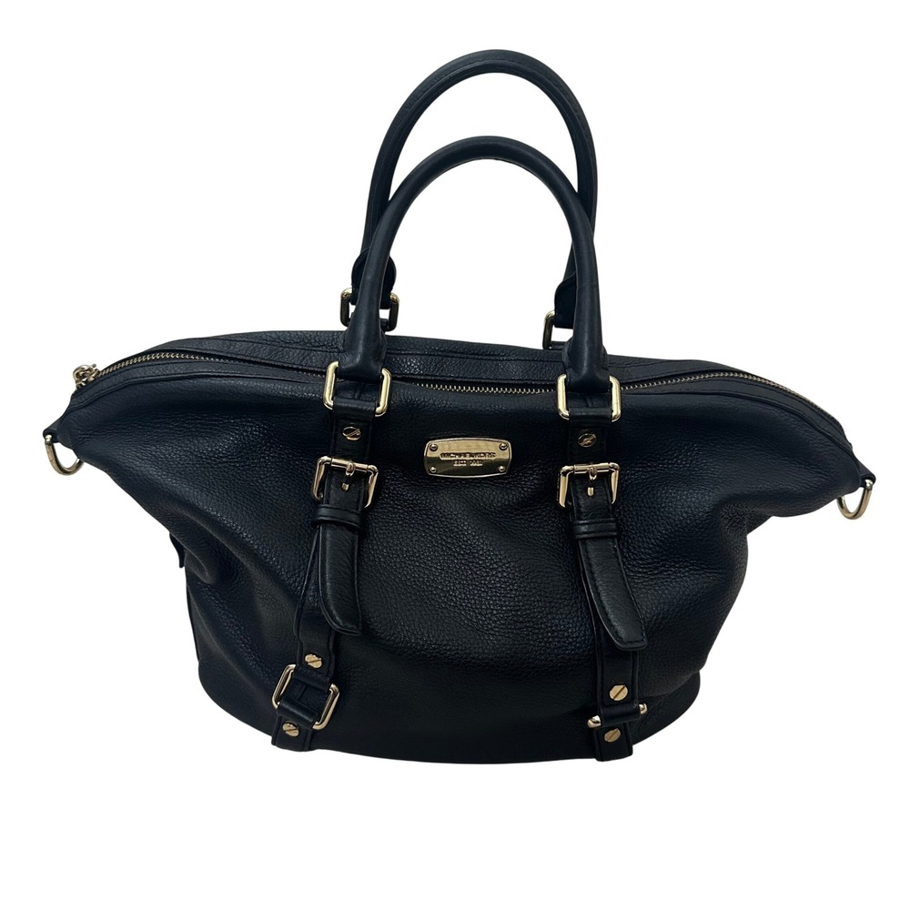 Michael Kors Black Pebbled Leather Satchel‎ Bag Gold Hardware Large Tote Handbag